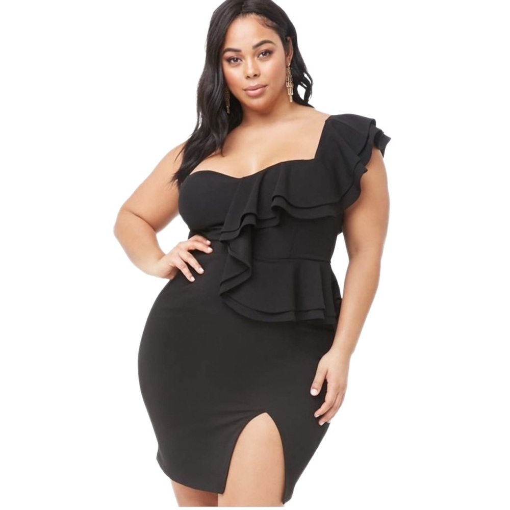 FOREVER 21+ SEXY RUFFLE ONE SHOULDER DRESS - BLACK SIZE 3X (NEW WITH TAGS) A20